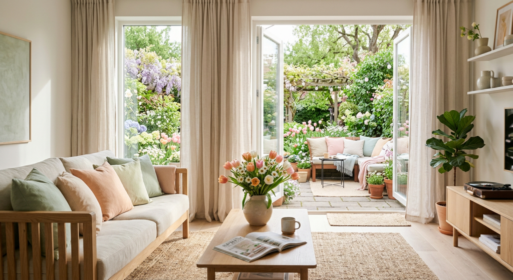 Bright spring home and garden decoration with pastel living room, tulips, natural light, and a cozy patio garden