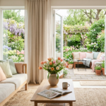 Bright spring home and garden decoration with pastel living room, tulips, natural light, and a cozy patio garden