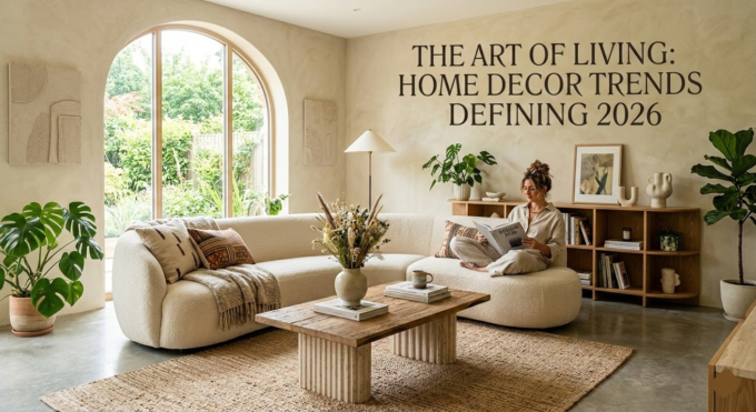 Modern 2026 home decor editorial featuring organic shapes, sustainable materials, and a neutral color palette in a sunlit living room.